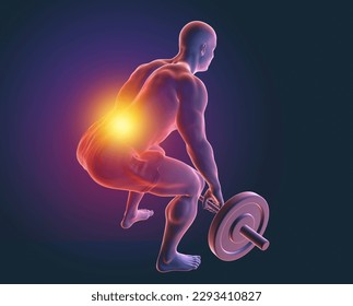 A man experiencing back pain while lifting a barbell, conceptual 3d illustration