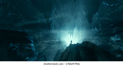 Mann, der dunkle Fantasy Höhle 3D-Illustration erkundet
