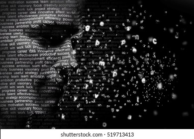 Man face blended with flowing list of motivational words. Concept of self motivation, future planning, intelligence. 3D rendering