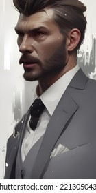 Man With Facial Hair Wearing A Suit And A Black Tie (Serious Stare) - Digital Painting Style Render (Digitally Created Face, Not A Real Person) 