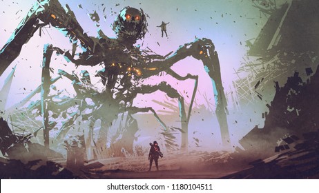 the man facing the giant spider robot, digital art style, illustration painting