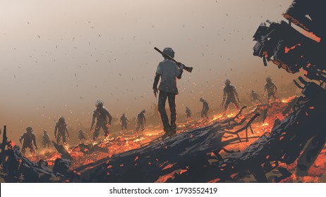 The Man Facing A Zombie Group, Digital Art Style, Illustration Painting