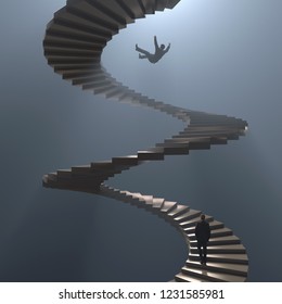 
Man Falls From Spiral Staircase, 3d Illustration