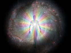 Man Figure In Rainbow Light And Stars. Soul Or Aura. 3D Rendering