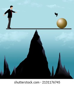 A Man Finds Himself In A No Win Situation On A Teetering Board Balanced By A Ball In A 3-d Illustration.