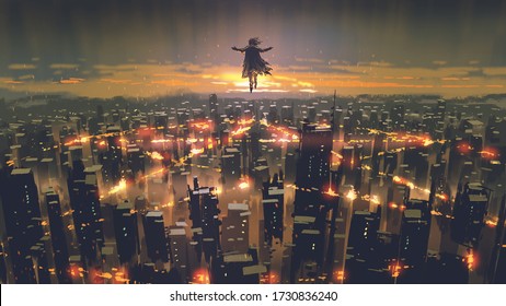 man floating in the sky and destroys the city with evil power, digital art style, illustration painting