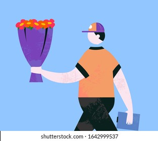 Man with flowers in hands going to present them for woman. raster male from delivery service deliver bouquet to necessary address, isolated cartoon character - Powered by Shutterstock