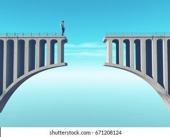 Man In Front Of A Broken Bridge. This Is A 3d Render Illustration