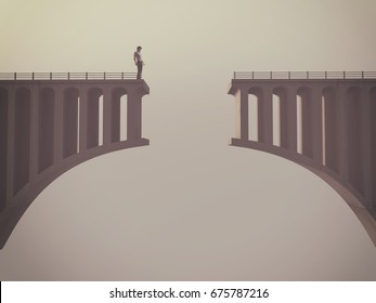 Man In Front Of A Broken Bridge. This Is A 3d Render Illustration