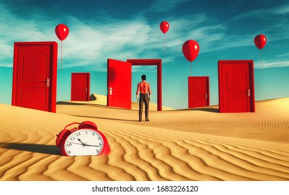 Man in front of different doors in the desert . Surreal portals with balloons and a clock . This is a 3d render illustration . 