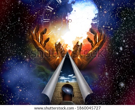 Man with galaxy mind and gesturing hands. 3D rendering