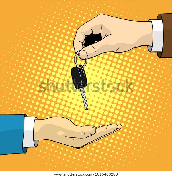 Man gives the client a key from the\
car. Car rental, car sales concept in the pop art\
style