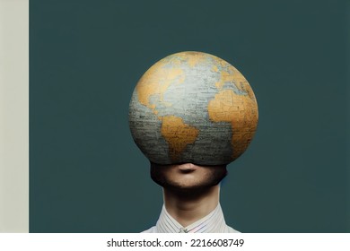 A man with a globe instead of a head. A citizen of the whole world. Concept on the theme of travel
