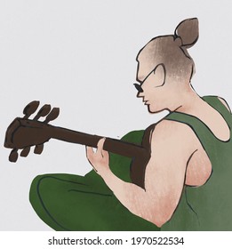 Man In Green Clothes And Glasses Plays The Guitar, Back View