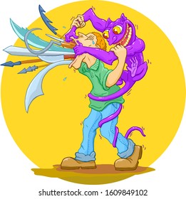 A man in green shirt   blue trouser   brown shoes is struggling to close his mouth  which bursting and many swords   other sharp objects  A purple smiling creature is strangling the man 