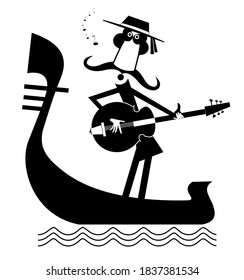 Man With Guitar And Gondola Illustration. Funny Gondolier With Long Mustaches Rides On Gondola Plays Guitar And Singing Isolated On White
