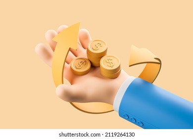 Man hand with dollar coins, gold arrows. Cashback and return in online shopping. Concept of refund and digital payment with money back. 3D rendering