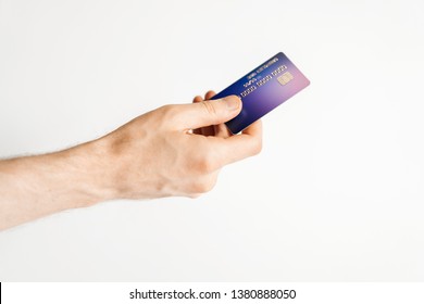 Man Hand Holding Bank Card Isolated On White Background. 3d Rendering.