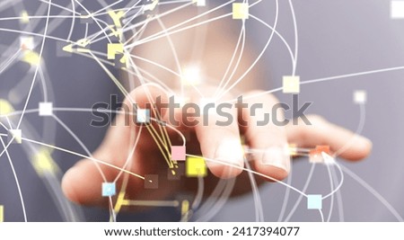 A man hand touching virtual screen, modern background concept , can put your text at the finger, copy space
