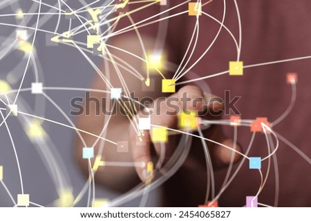 A man hand touching virtual screen, modern background concept , can put your text at the finger, copy space
