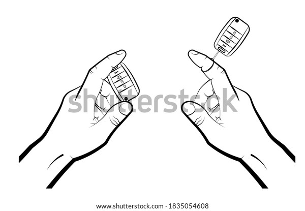 man hand twists a folding car key with remote
control on his finger. Car alarm, key fob. black and white in flat
and linear style