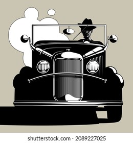 Man In A Hat Driving A Retro Car. Vintage Engraving Black And White Stylized Drawing