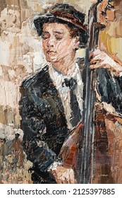 Man In Hat Plays Double Bass. Jazz Band Musician. Oil Painting On Canvas. Modern Art.