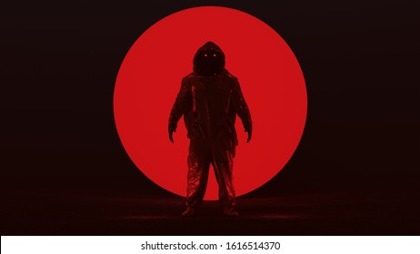 Man in a Hazmat NBC Suit with a Big Red Alien Sphere in a Dark foggy void 3d Illustration 3d render