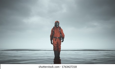 Man Hazmat Suit with Gas Mask and Breathing Apparatus Walking Towards in Water with Black Sand 3d illustration 3d render  