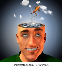 Man With Head In Clouds And Water With Fish  3D Render
