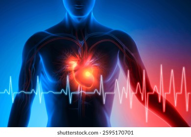 Man with  heart attack with ECG graph against blue background conceptual artwork-3d illustration