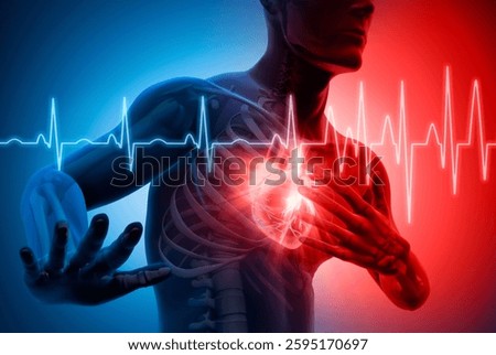 Man with  heart attack with ECG graph against blue background conceptual artwork-3d illustration