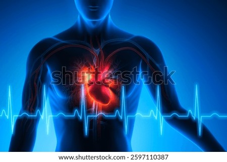Man with  heart attack with ECG graph against blue background conceptual artwork-3d illustration