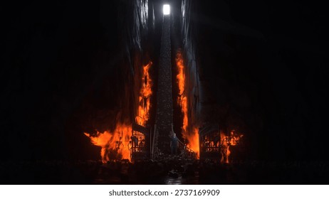 Man in hell. Sinner. A lonely sinfull man stands in front of a hell gates. Hell fire. Religious concept. 3d rendering. 3D Illustration
