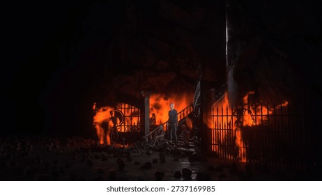 Man in hell. Sinner. A lonely sinfull man stands in front of a hell gates. Hell fire. Religious concept. 3d rendering. 3D Illustration