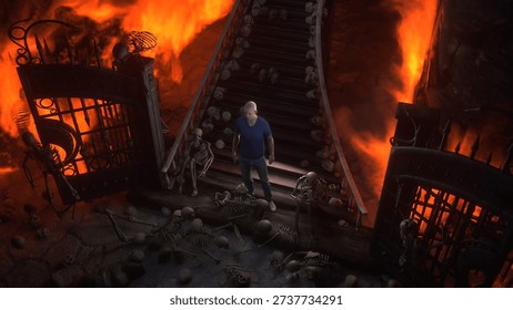 Man in hell. Sinner. A lonely sinfull man stands in front of a hell gates. Hell fire. Religious concept. 3d rendering. 3D Illustration