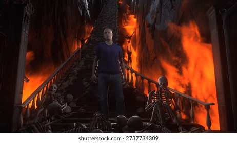 Man in hell. Sinner. A lonely sinfull man stands in front of a hell gates. Hell fire. Religious concept. 3d rendering. 3D Illustration