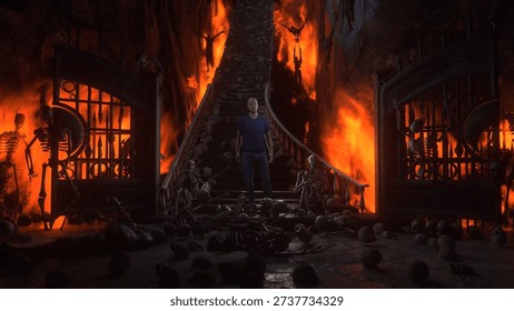 Man in hell. Sinner. A lonely sinfull man stands in front of a hell gates. Hell fire. Religious concept. 3d rendering. 3D Illustration