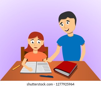 Man help son homework concept background. Cartoon illustration of man help son homework concept background for web design