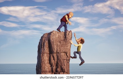 Man Helping His Partner To Get Over The Cliff Edge. This Is A 3d Render Illustration