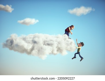 Man Helping His Partner To Get Over The Clouds Edge. This Is A 3d Render Illustration