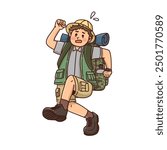 A man in hiking clothes is running away.