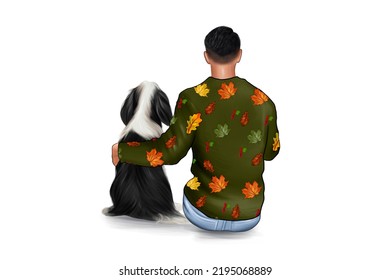 Man And His Best Friend Dog Are Hugging, Back View. Cute Scene Illustration.