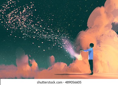 man holding a cage with floating shining stardust,illustration painting