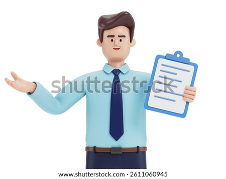 Man holding document, gesturing, symbolizes explanation or presentation of information. 3D rendering, conceptual image. Isolated on white background.