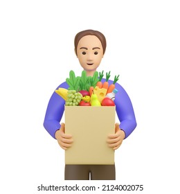 Man is holding a grocery bag. Food delivery, delivery man. 3d rendering. - Powered by Shutterstock