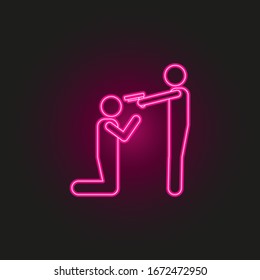 the man is holding his gun at gunpoint neon style icon. Simple thin line, outline of army icons for ui and ux, website or mobile application