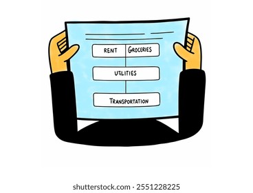 A man holding a paper about monthly key expenses payment such as rent, groceries, utilities and transportation.