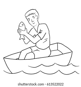 Man Holding Small Fish Line Drawing