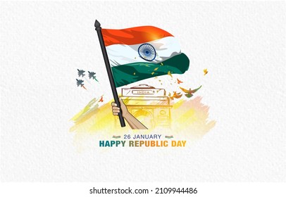 Man holding tricolor flag and marching at India gate on Republic day 26 January background illustration
